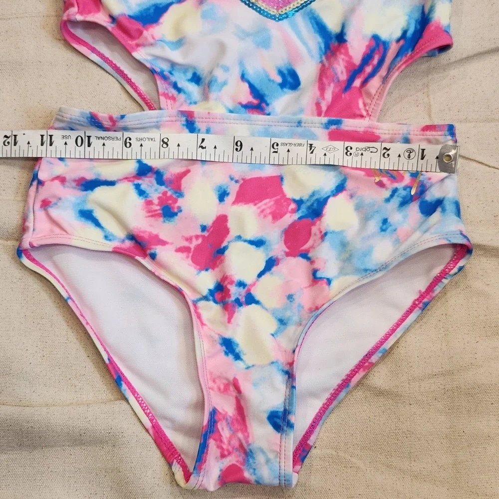 XOX Betsey Johnson Girls Tie Dye Sequin Heart Monokini Swimsuit 10 One Piece